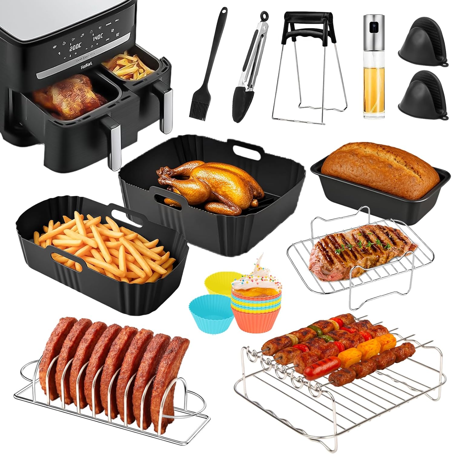 Orifesio Heißluftfritteuse Zubehör für Tefal EY9018 Dual Easy Fry 5,2/3,1L, 13-Teiliges Airfryer Zubehör Set, Airfryer Silikonform, Brotbackform, Grillrost, Rippchenhalter Grill, Ölsprühflasche
