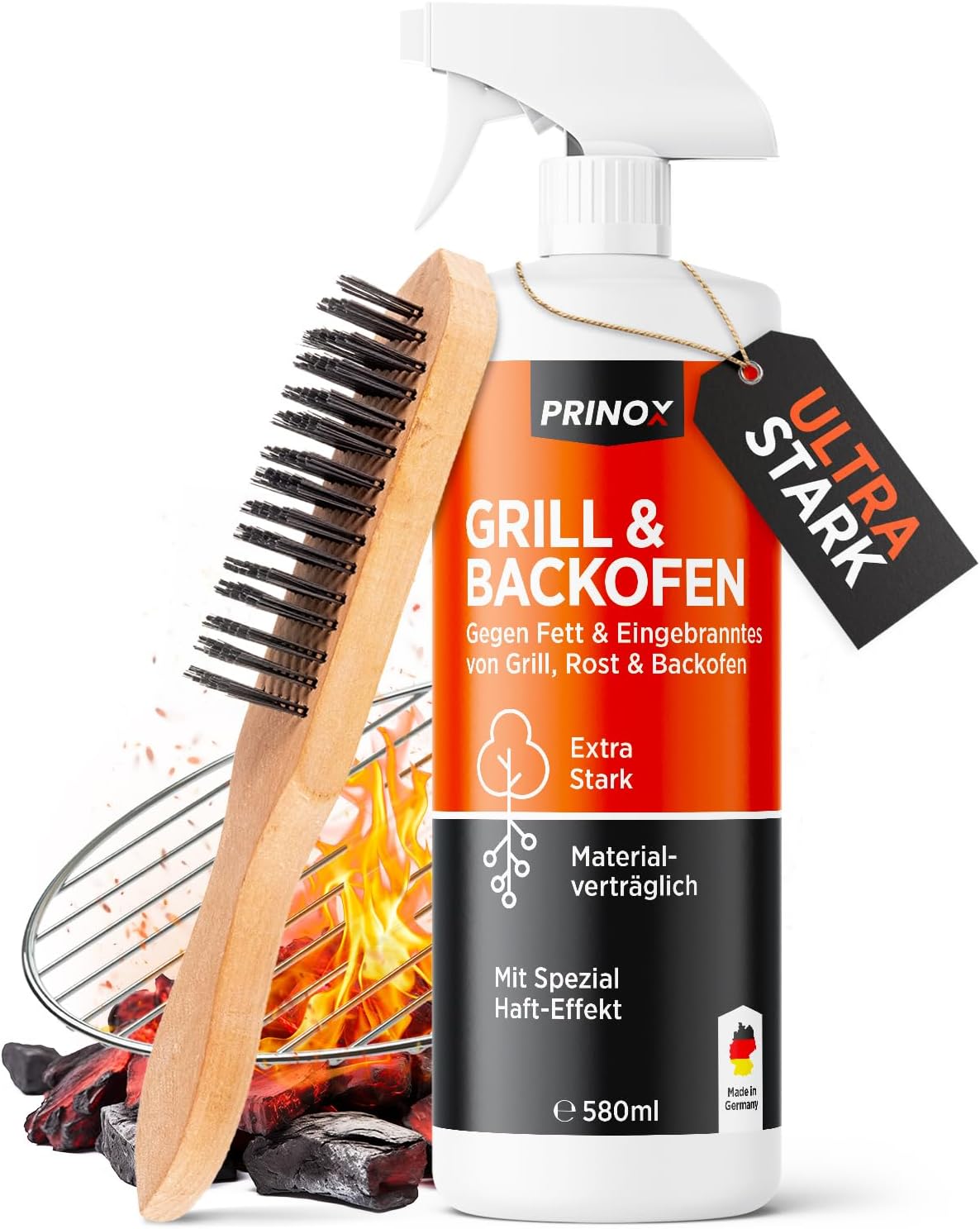 PRINOX Grillreiniger & Backofenreiniger extra stark - 580ml inkl. Reinigungsbürste - HAFT EFFEKT - Rauchharzentferner Entfernt stärkste Verschmutzungen und Rauchharz - Entwickelt & Hergestellt in DE