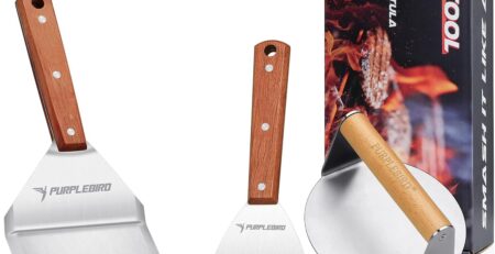 PURPLEBIRD Burger-Set (3-TLG.) aus Edelstahl inkl. Burgerpresse, 2 Grillspachtels, Burger Spachtel Set mit Groß Grillwender und Burger Smasher aus Edelstahl für Smash Burger, Gasgrill, Teppanyaki, BBQ