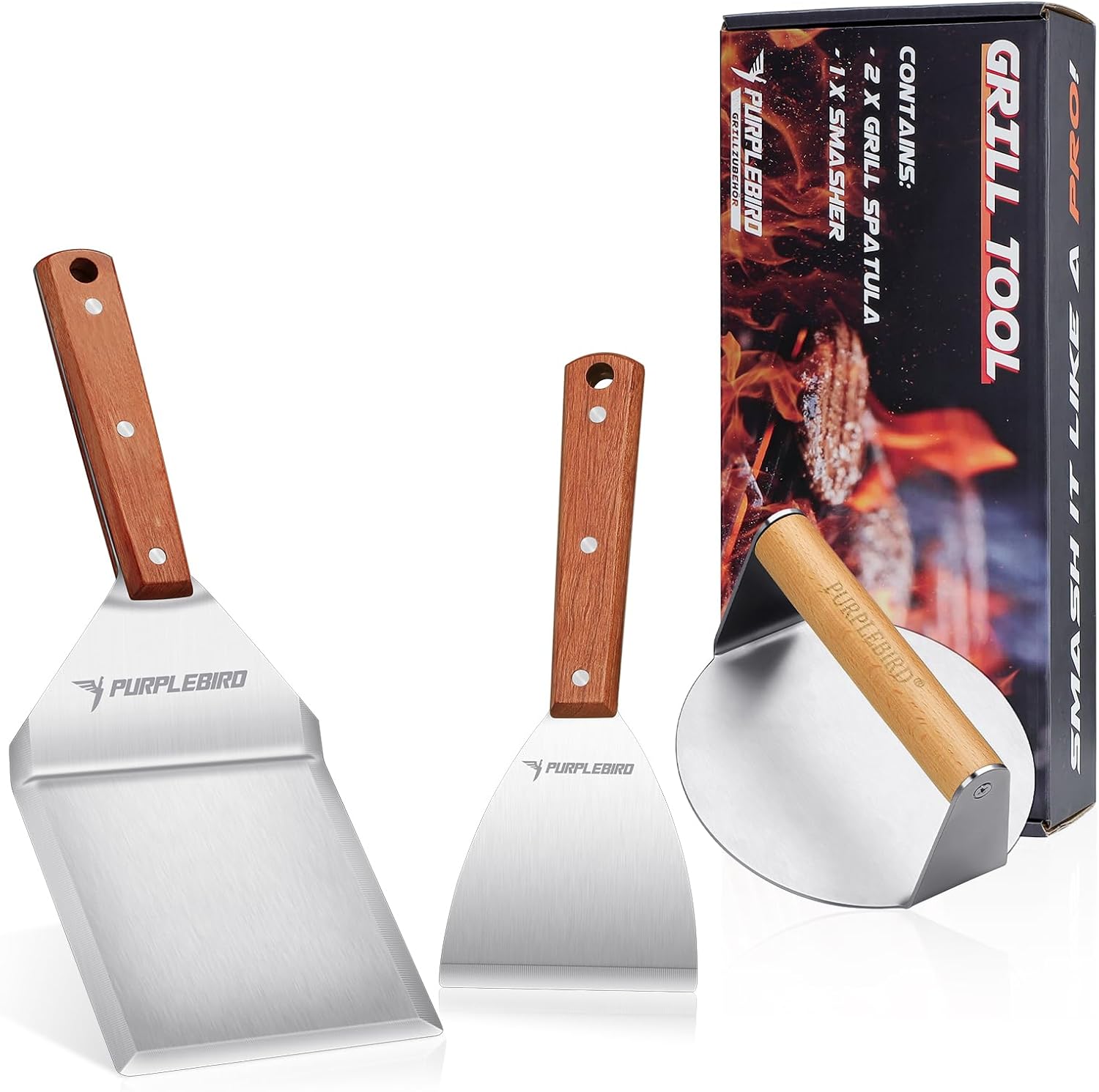 PURPLEBIRD Burger-Set (3-TLG.) aus Edelstahl inkl. Burgerpresse, 2 Grillspachtels, Burger Spachtel Set mit Groß Grillwender und Burger Smasher aus Edelstahl für Smash Burger, Gasgrill, Teppanyaki, BBQ