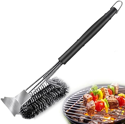 Phantasy® Grillbürste mit Langer Edelstahl Borsten, Grill Reinigungsbürste mit Edelstahl Spatel und Wärmedämmung Griff für Holzkohlegrill, Kugelgrill und Grillrost