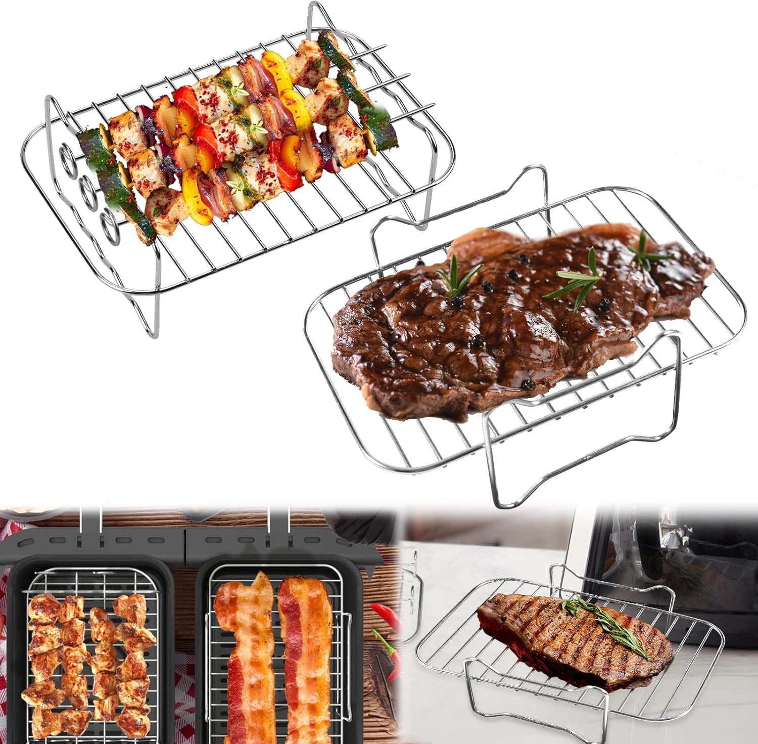 Pipihome 2 Stück Heißluftfritteuse Gestell mit Spießen, Airfryer Grillrost Zubehör für Ninja Foodi Heißluft-Fritteuse [AF300EU] 2 Frittierfächern, Mehrzweck 304 Edelstahl Friteuse Grill