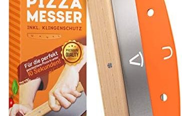 Pizza Mondo® Pizzaschneider - Profi Pizzamesser (Pizza Cutter) effektiver als Pizzaroller | Premium Pizza Wiegemesser aus Edelstahl 32cm mit Holzgriff | Schnelles und gleichmäßiges Schneiden