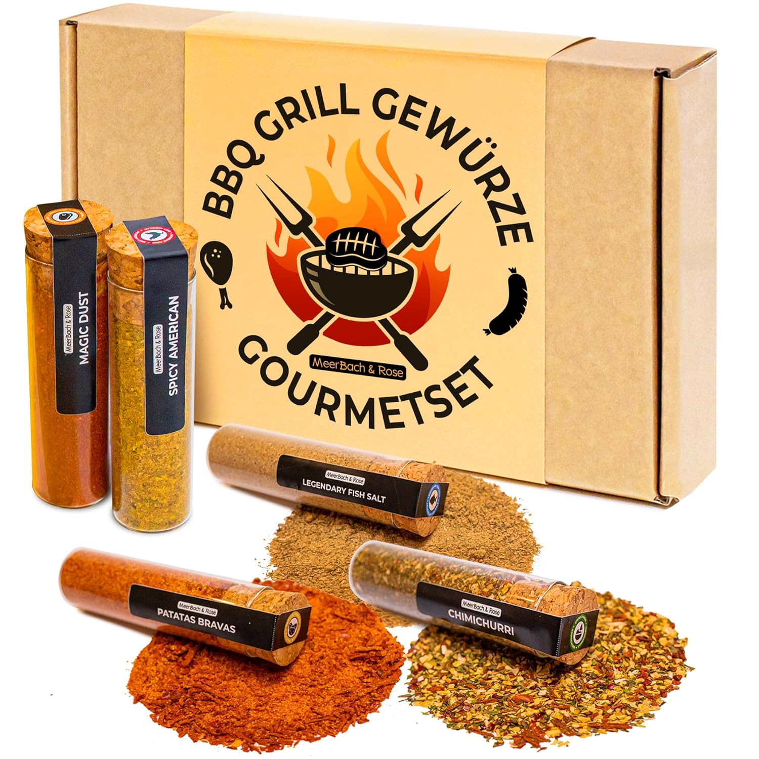 Premium Grillgewürzset, 5 BBQ Gourmet Gewürze mit Rezeptideen in hochwertigem Geschenkset für Männer und Frauen, Grillfreunde, Vatertagsgeschenk, Geburtstagsgeschenk