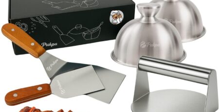 Pukpu Smash Burger Set – 6-teiliges BBQ & Grillzubehör mit Burgerpresse, Burger Smasher, 2 Schmelzglocken, Grillspachtel & Spieß – Geschenk für Männer & Grillfans