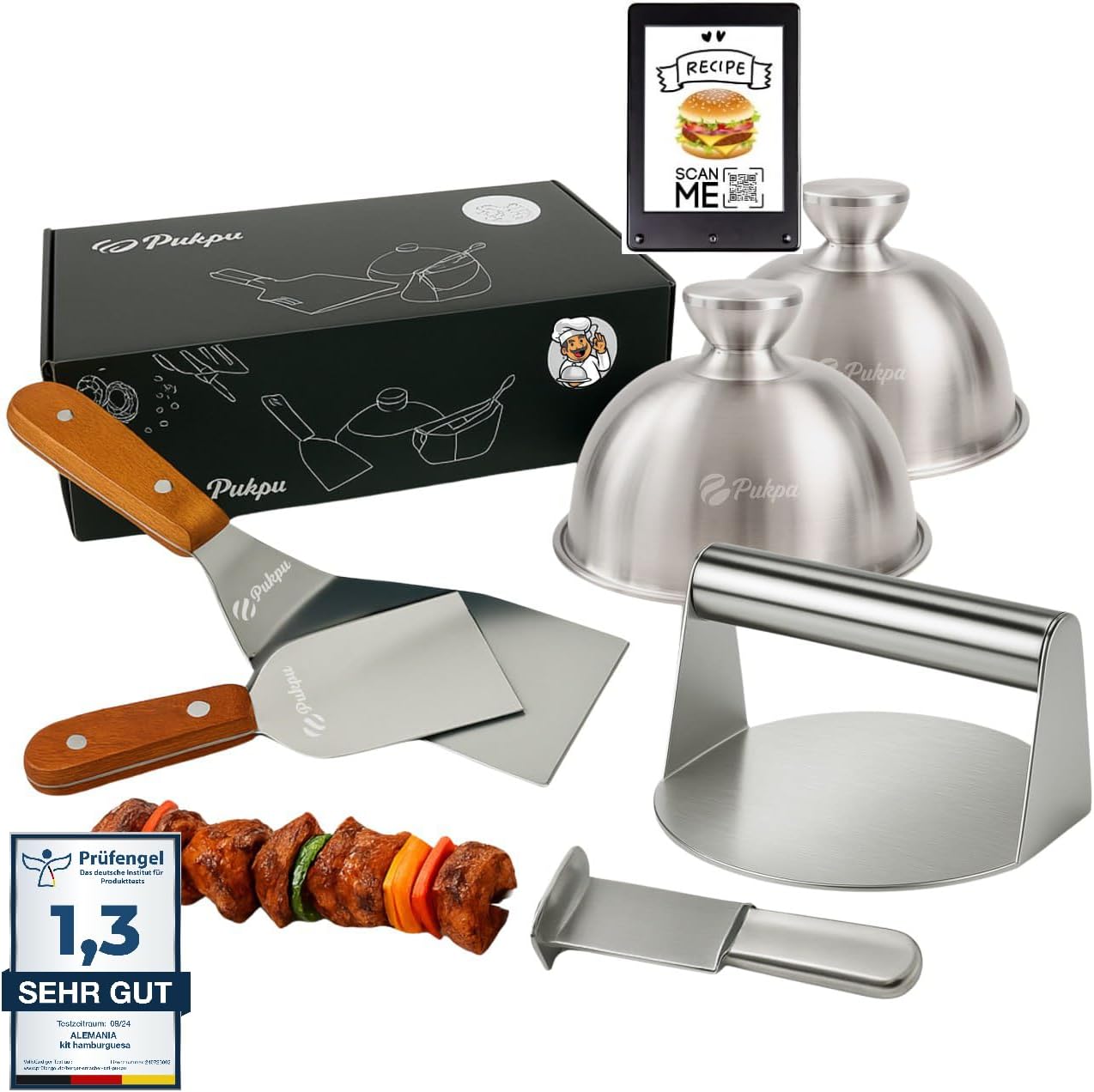Pukpu Smash Burger Set – 6-teiliges BBQ & Grillzubehör mit Burgerpresse, Burger Smasher, 2 Schmelzglocken, Grillspachtel & Spieß – Geschenk für Männer & Grillfans