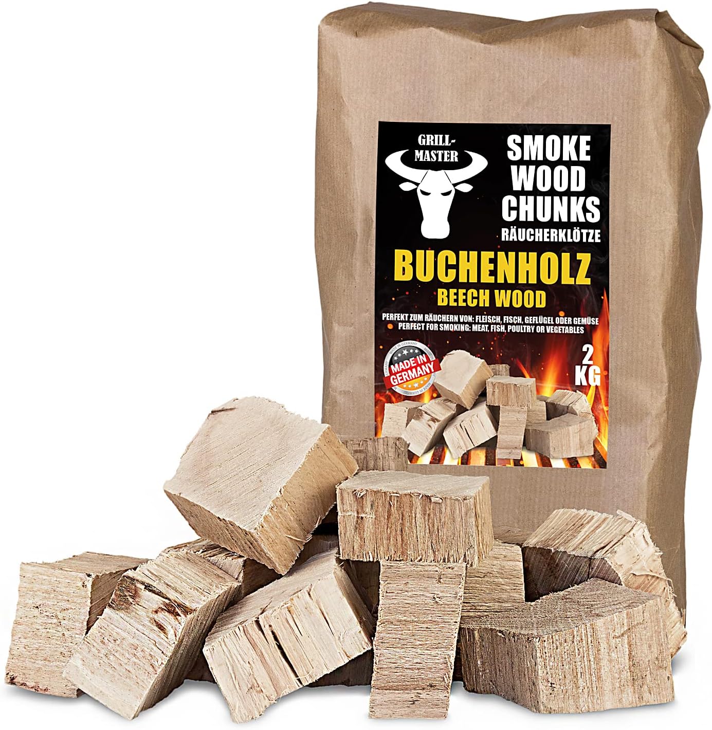 Räucherklötze Smoker Grill Chunks für BBQ Buche Räuchern 2 kg XXXL Räucherofen Wood Grillen Smoken Zubehör Smoke Raeuchern Feuerschale Chips Grillmaster