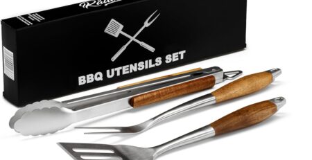 Räucherphorie Premium Grillbesteck - Robustes 3-teiliges Grill-Set aus rostfreiem Edelstahl - Grillzange, Fleischgabel, Grillwender