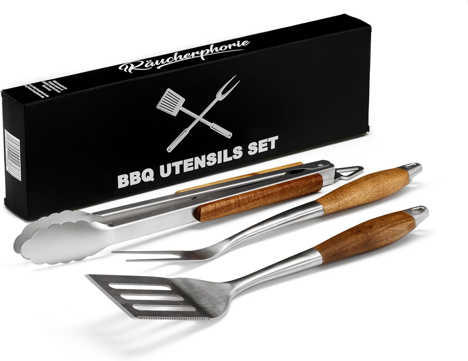 Räucherphorie Premium Grillbesteck - Robustes 3-teiliges Grill-Set aus rostfreiem Edelstahl - Grillzange, Fleischgabel, Grillwender
