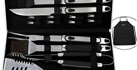 Romanticist 20-teilig Edelstahl Grillbesteck Set mit rutschfestem langem Griff im Aluminium, BBQ Grill Zubehör Set fürs Camping, fürs Dad