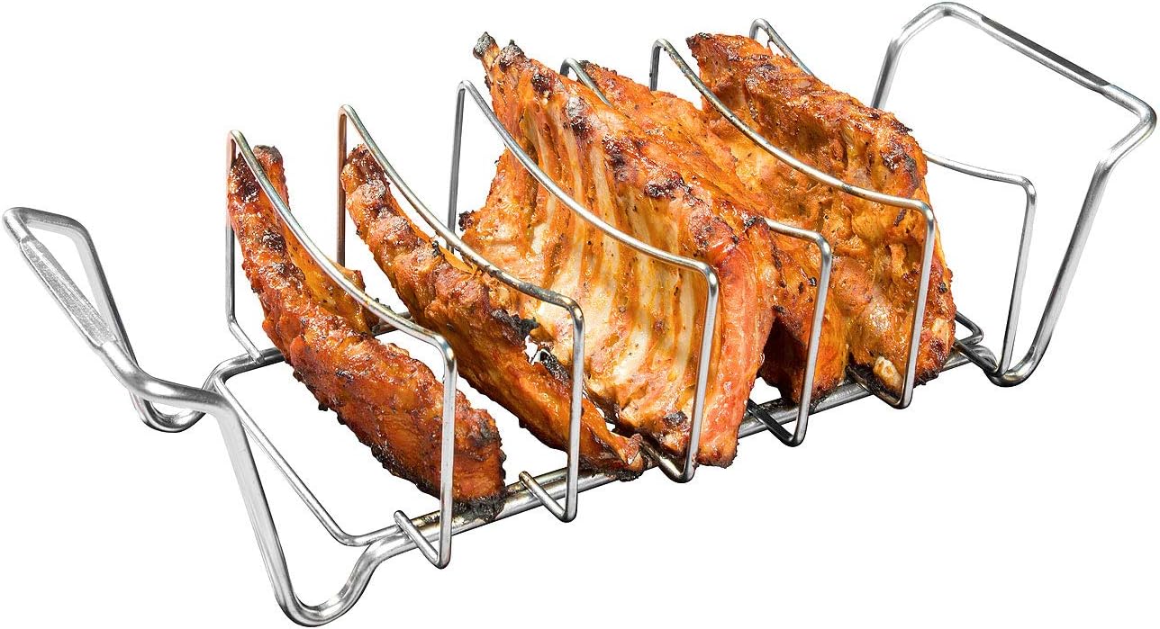 Rosenstein & Söhne Rippchenhalter Grill: 2in1-Sparerib-Halter und Bratenkorb für Grill und Ofen, Edelstahl (Spareribhalter, Grillhalter, Spülmaschine)