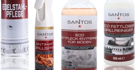 SANTOS 4er Set Reinigungs-Set - Grillreiniger - Eco Fleckentferner, Eco Fettlöser/Reiniger, BBQ Spray/Trennspray & Edelstahl Pflege - Rundum-Reinigung