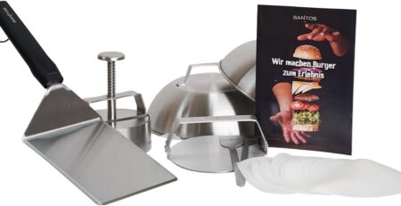 SANTOS Burger Set - 10-teilig: Edelstahl Presse, Wender, Smasher, Schmelzglocken & Spieße für perfekte Burger - Ideal für BBQ & Grillpartys