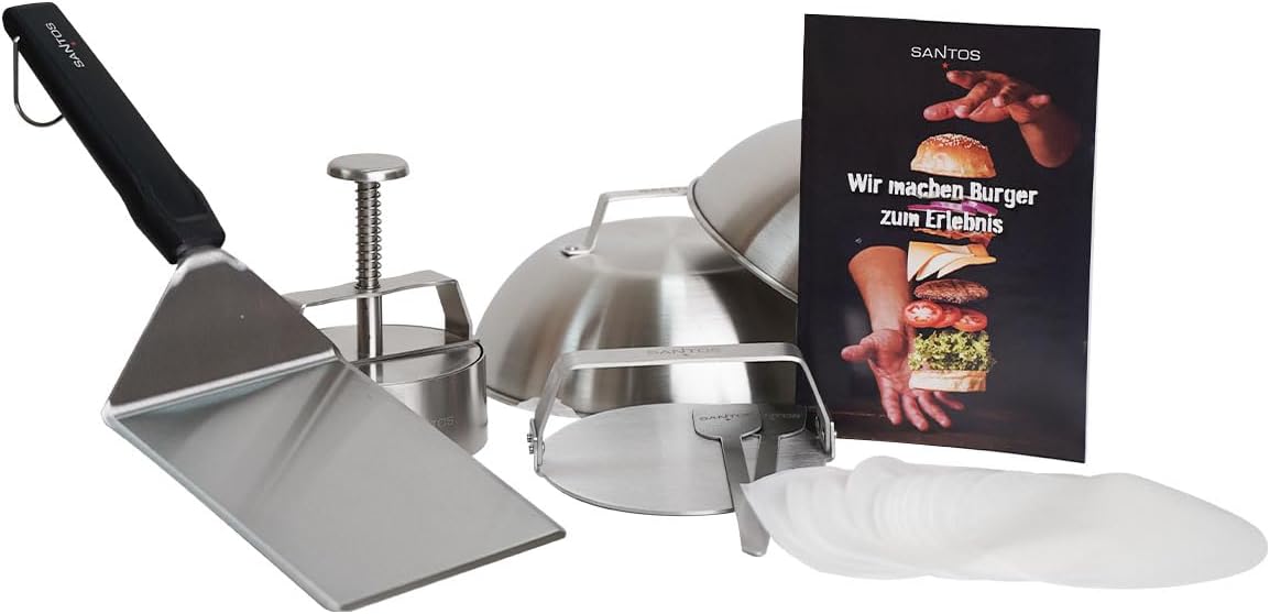 SANTOS Burger Set - 10-teilig: Edelstahl Presse, Wender, Smasher, Schmelzglocken & Spieße für perfekte Burger - Ideal für BBQ & Grillpartys