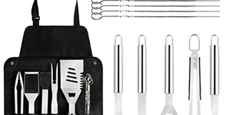SLIFDUO BBQ-Werkzeug-Set, 12-teiliges Edelstahl-Grillzubehör-Schürzen-Aufbewahrungstasche Grill-Outdoor-Grill-Set-Messer-Werkzeug-tragbares Combo-Set (Silber)