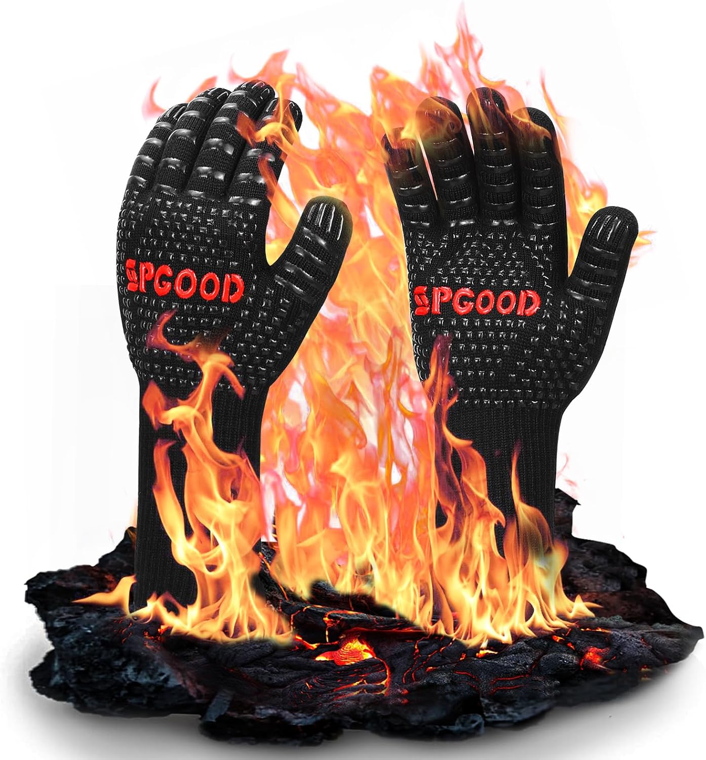 SPGOOD Grillhandschuhe hitzebeständig 800 Grad feuerfeste Handschuhe Kochhandschuhe Backhandschuhe für Küche Grill BBQ Ofenhandschuhe,Schwarz(L/XXL)