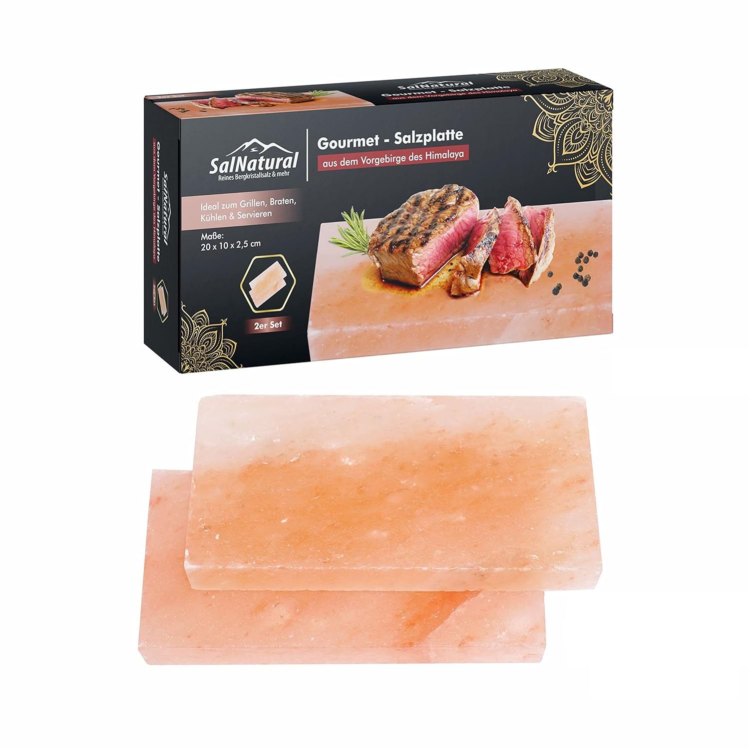 SalNatural Gourmet Salz Grillsteine 20x10x2,5cm (2er Pack) Original Kristallsalz aus dem Vorgebirge des Himalaya* Salzstein zum grillen. BBQ Grillplatte | Premium Geschenkbox