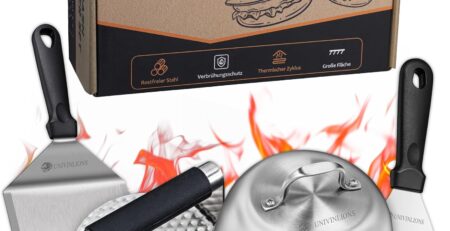 Smash Burger Set, Professioneller Burger Smasher mit Smash Burgerpresse, Burgerglocke,Großer Grillspatel & Pfannenwender,Edelstahl 4-Stück Grill Zubehör für Pattie,Teppanyaki, Barbecue