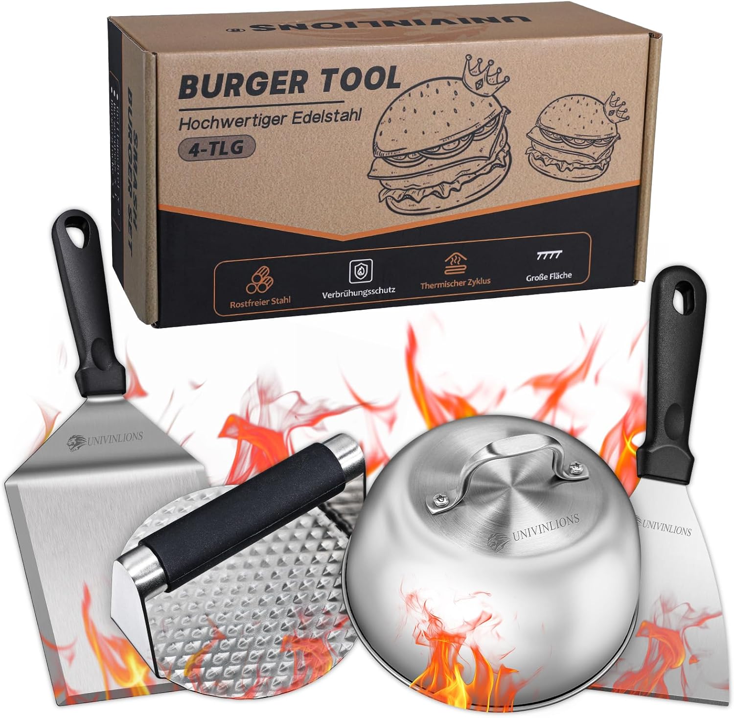 Smash Burger Set, Professioneller Burger Smasher mit Smash Burgerpresse, Burgerglocke,Großer Grillspatel & Pfannenwender,Edelstahl 4-Stück Grill Zubehör für Pattie,Teppanyaki, Barbecue