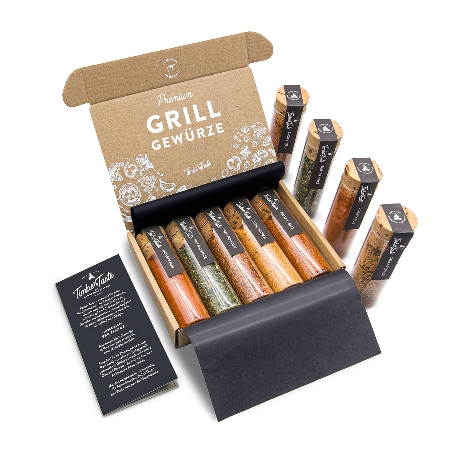 TIMBER TASTE® Grill Gewürze Geschenkset Frauen & Männer | 5 erlesene BBQ Grillgewürze inkl. Rezepte | Grill Zubehör Geschenke für Frauen | Gewürze Set Geburtstagsgeschenk für Erwachsene | Gewürzset