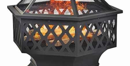 WEALTHGIRL Feuerstelle mit Grillrost, Feuerschale mit Funkenschutz Fire Pit für BBQ, Heizung, Garten Terrasse Metall Feuerkorb 3 in 1 Feuerstelle im Freien (Hexagonal Feuerstelle)