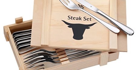 WMF Steakbesteck, 12-teilig, Steakmesser, Steakgabel, Steakset für 6 Personen, Cromargan Edelstahl poliert, in Holzkiste