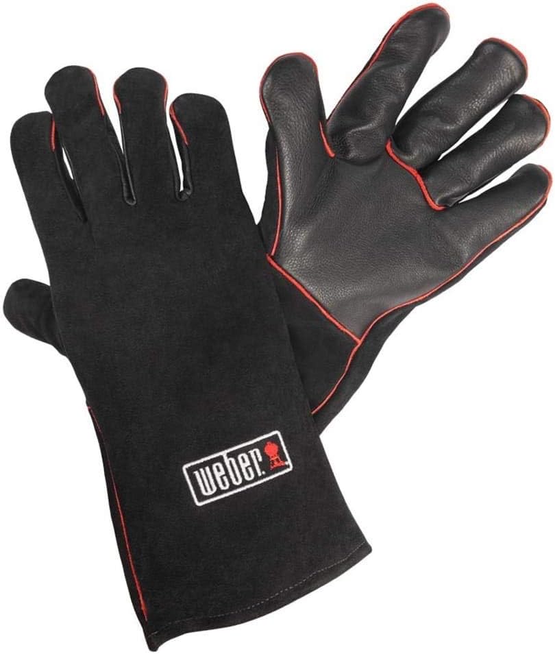Weber Leder Grillhandschuhe, 1 Paar, extrem hitzebeständig, weich und sicher, aus Premium Leder mit roter Naht - Schwarz (17896)