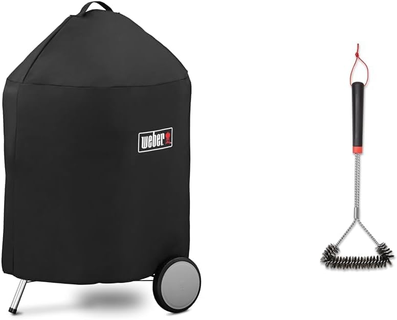 Weber Premium Grillabdeckhaube für Ø 57cm Holzkohlegrills & Three-Sided Grill Brush Dreiseitige Grillb rste, 46 cm, Schwarz/Silber, 6278
