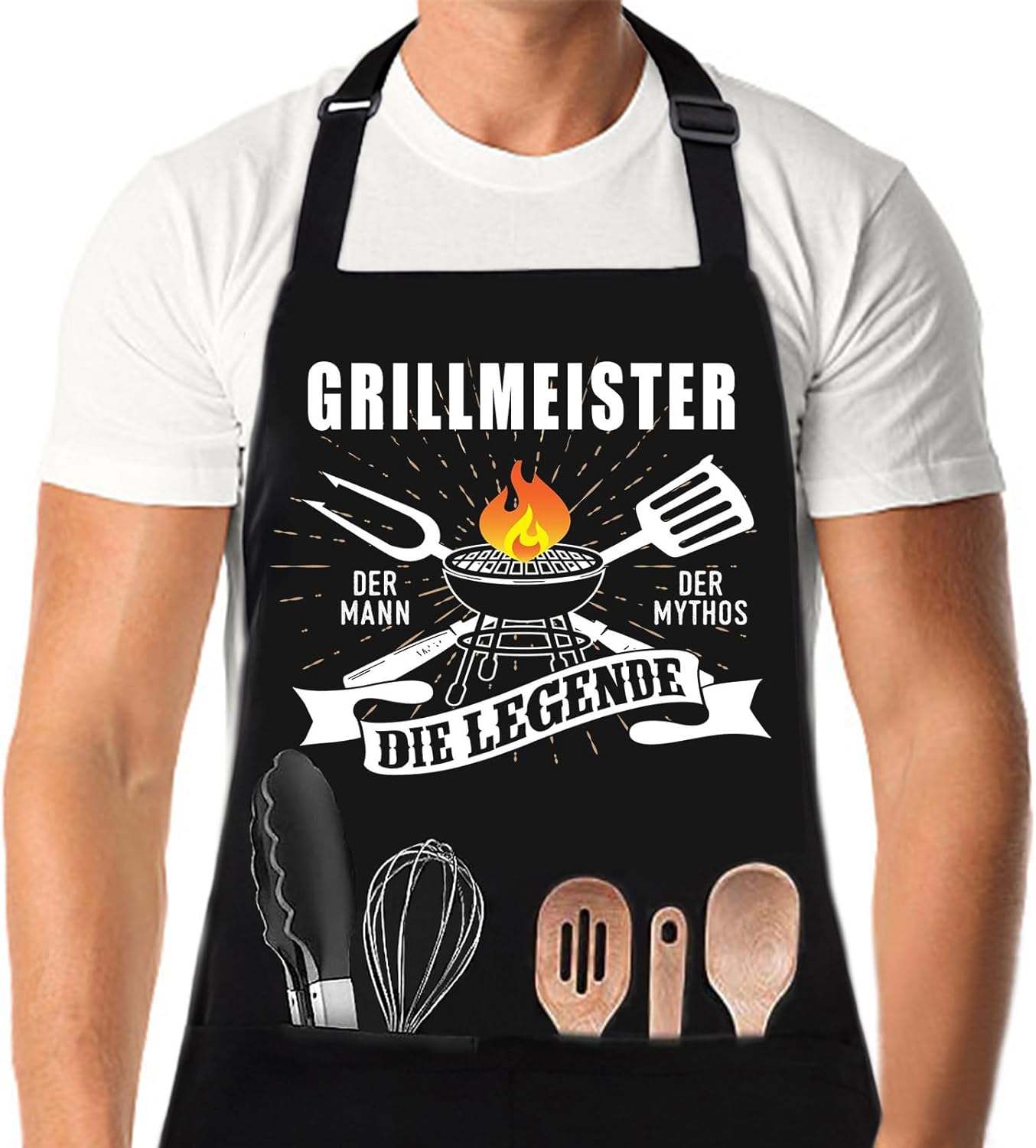 XCSJKJ Grillschürze für Männer Persönlich Grillen Geschenk BBQ Schürze Küchenschürze, Männer Geschenkideen Grillschürze Lustig Schürzen der Mann der Mythos die Legende Schwarz Schürzen