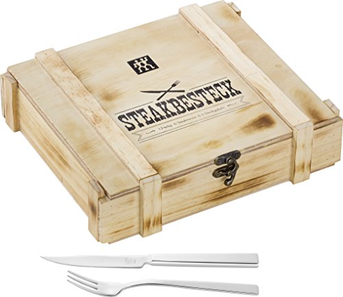 Zwilling 07150-359-0 Steak Besteckset in rustikaler Holzbox, Edelstahl, 12-teilig