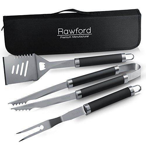 Edles Grillbesteck Set von Rawford mit handlicher Aufbewahrungstasche - Hochwertige Grillzange + Wender + Fleischgabel …