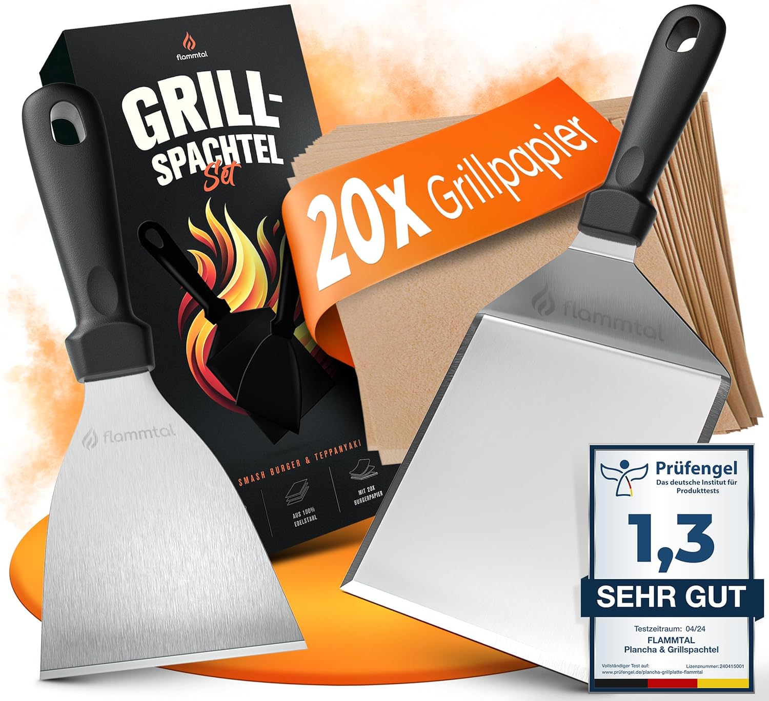 flammtal Smash Burger Set inkl. 20x Burgerpapier - Grillspachtel Set aus Edelstahl - Hochwertiger Plancha Spachtel - Spülmaschinengeeignete Grill Spachtel für Teppanyaki - Ideales Grill Zubehör