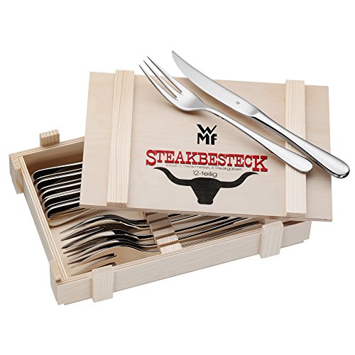 WMF Steakbesteck 12-teilig Steakgabel Steakmesser für 6 Personen in Holzkiste Cromargan Edelstahl rostfrei poliert