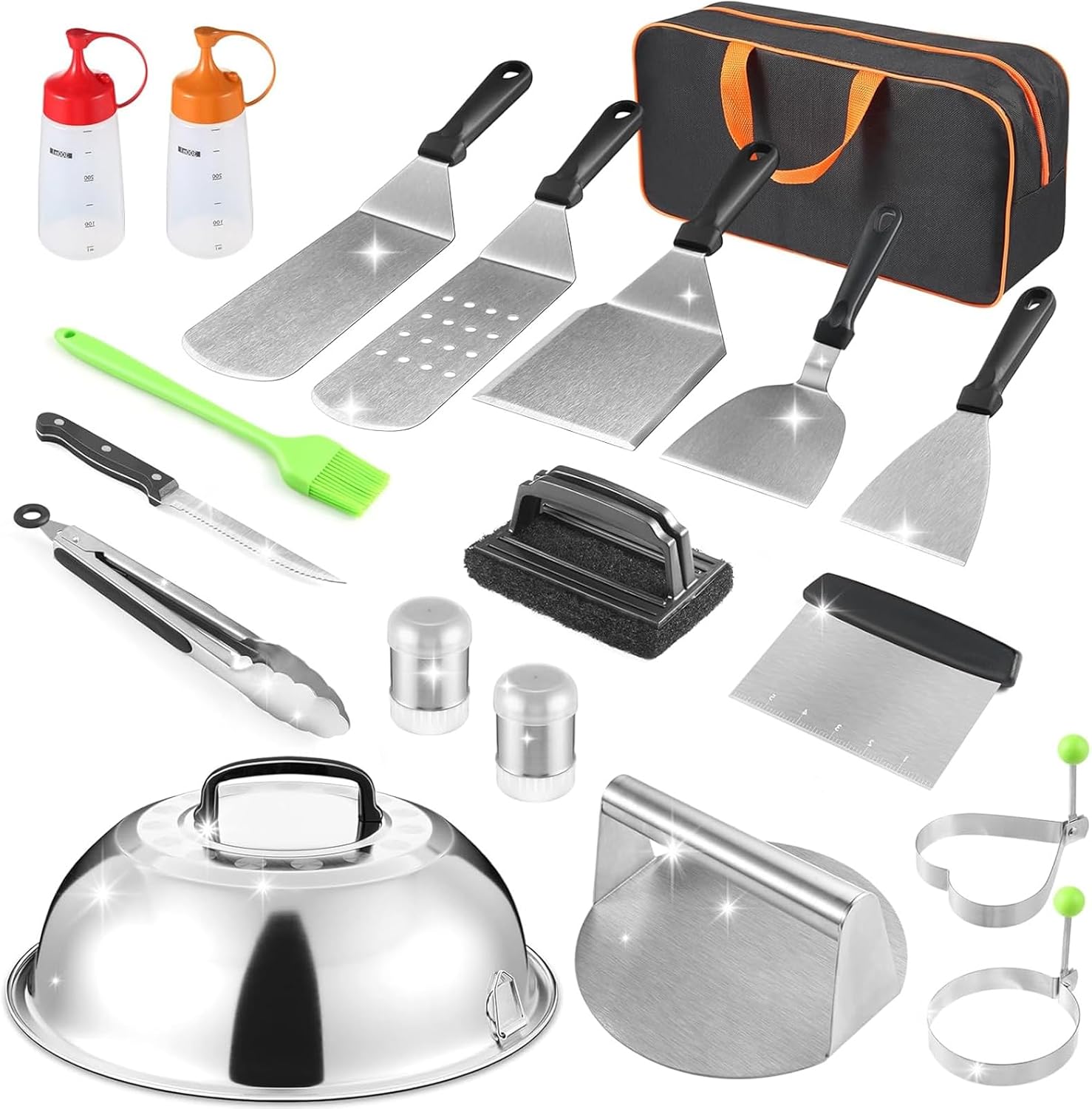zycBernoi Grillbesteck Set, 19 Grill Zubehör für Männer, Plancha Besteck Set aus Metall mit Burgerpresse, Schmelzglocke, Tragetasche für Grillen und BBQ, Männer